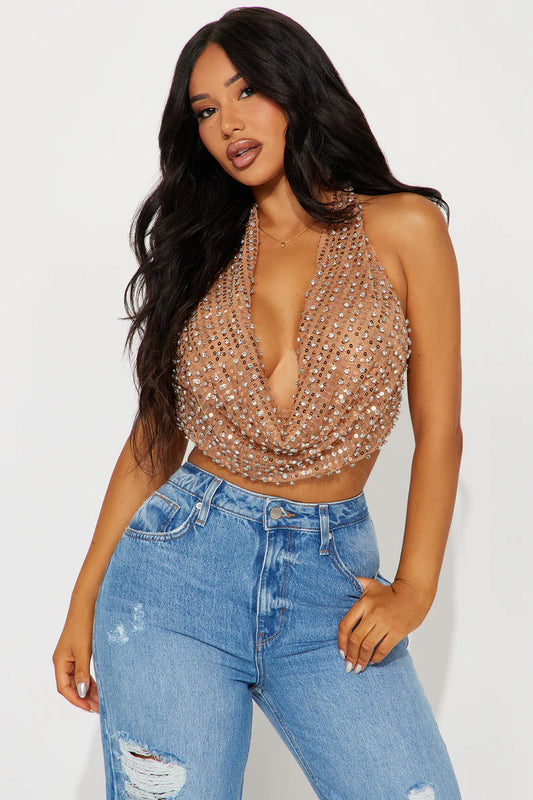 Tan Sequin Cowl Neck Top